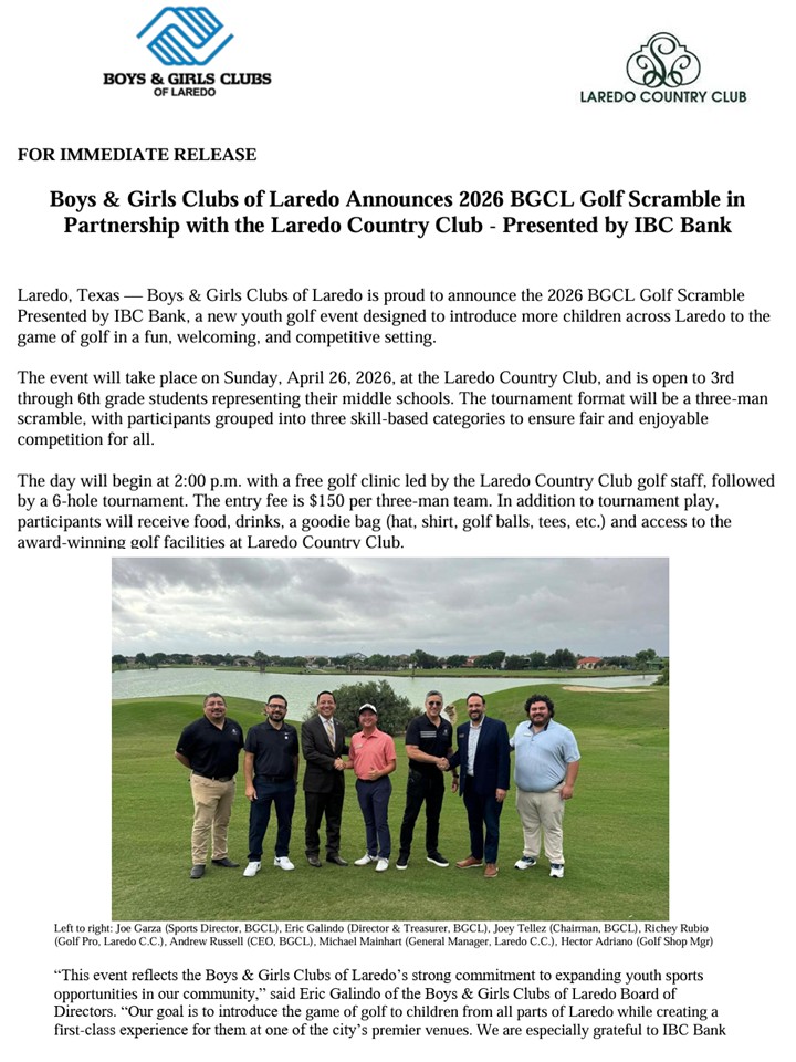 Boys & Girls Clubs of Laredo Announces 2026 BGCL Golf Scramble in Partnership with the Laredo Country Club – Presented by IBC Bank